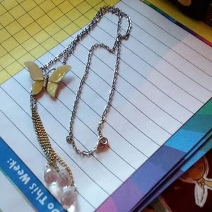 MOP Rhinestone Butterfly Dangle Necklace